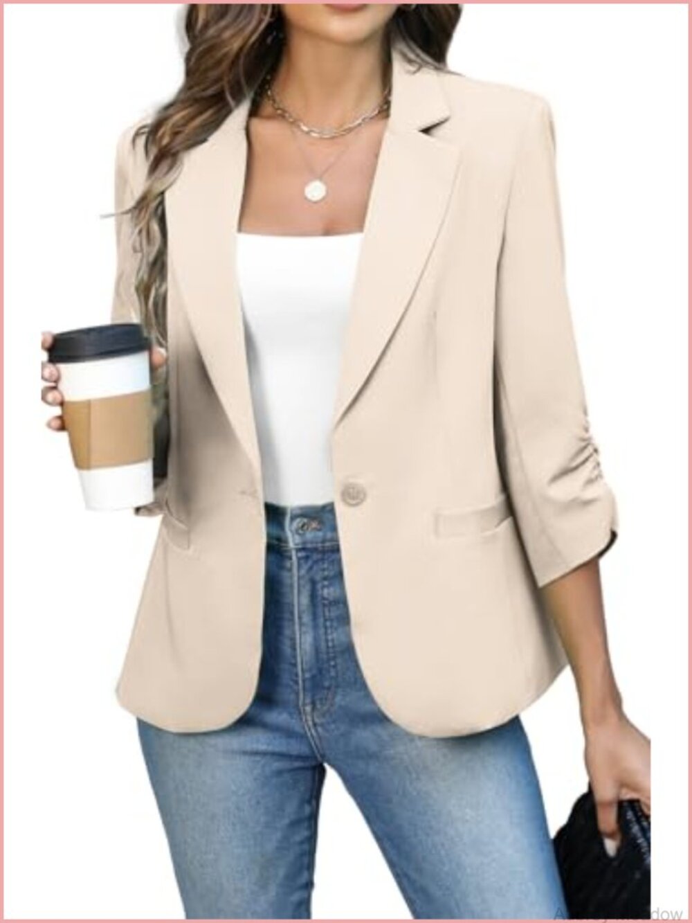 Women's Ruched 3/4 Sleeve Blazer Lightweight Fitted Suit Jacket